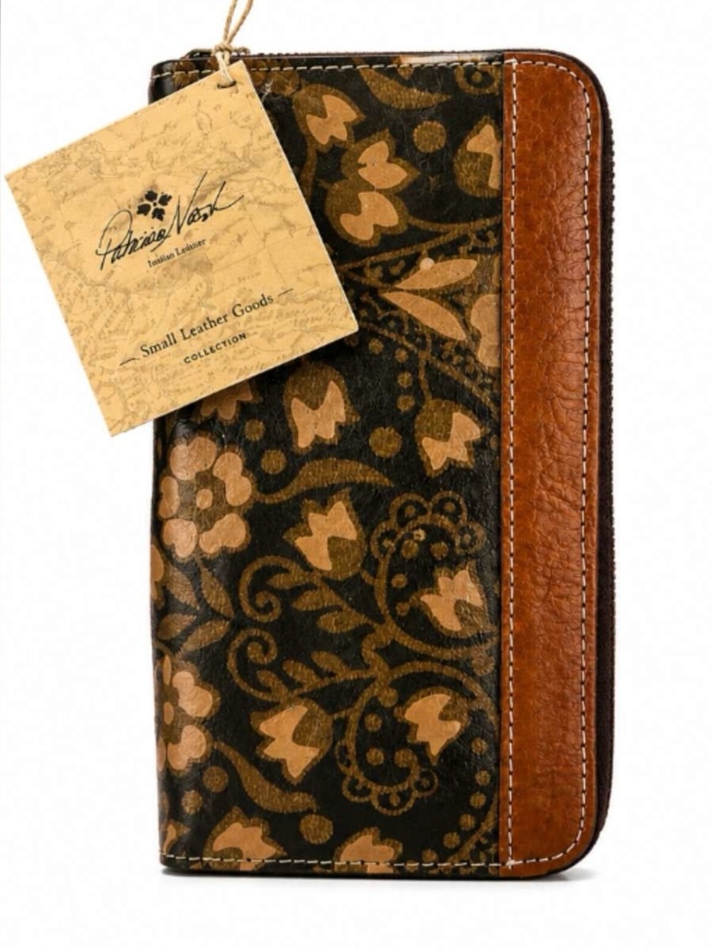 Patricia Nash Black and Brown Floral Leather Zip Phone Case